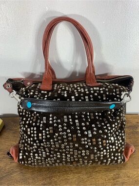 GABS Firenze Made in Italy Studded Leather and Suede Satchel Shoulder Bag Brown